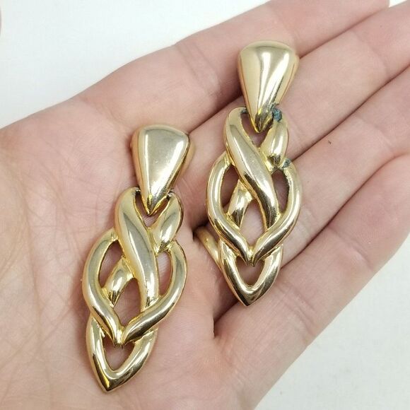 Vintage JS Signed Gold Tone Dangle Knot Design Earrings, Retro 80s Style, Estate - Picture 5 of 7
